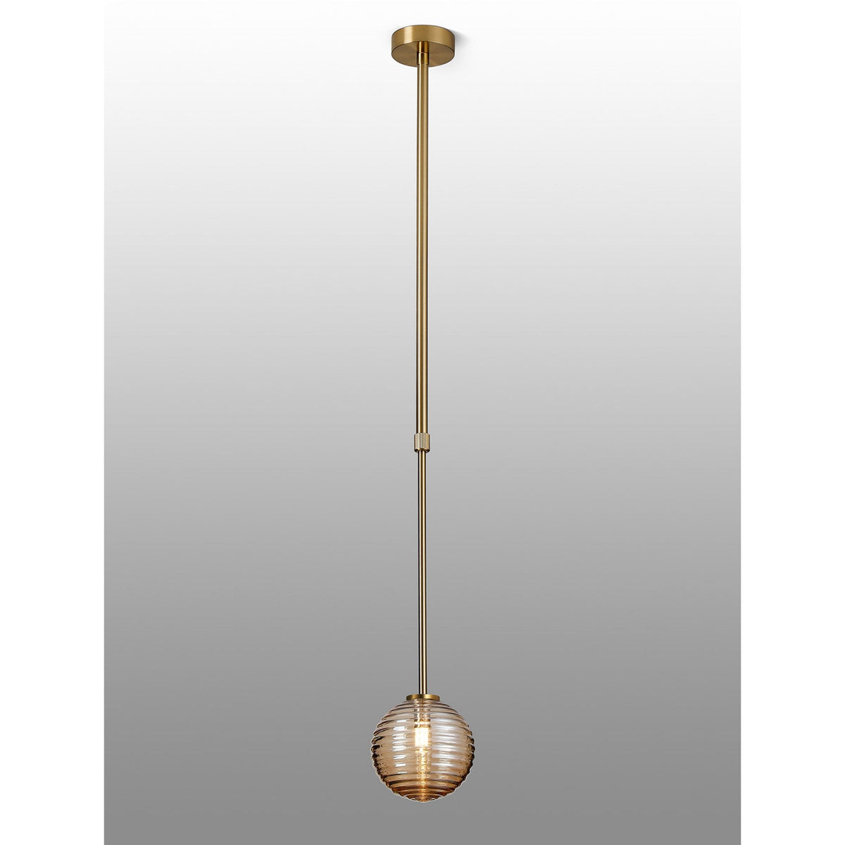 Tenterden Telescopic Single Drop Pendant in Brass Gold with Ribbed Round Amber Glass Diffuser