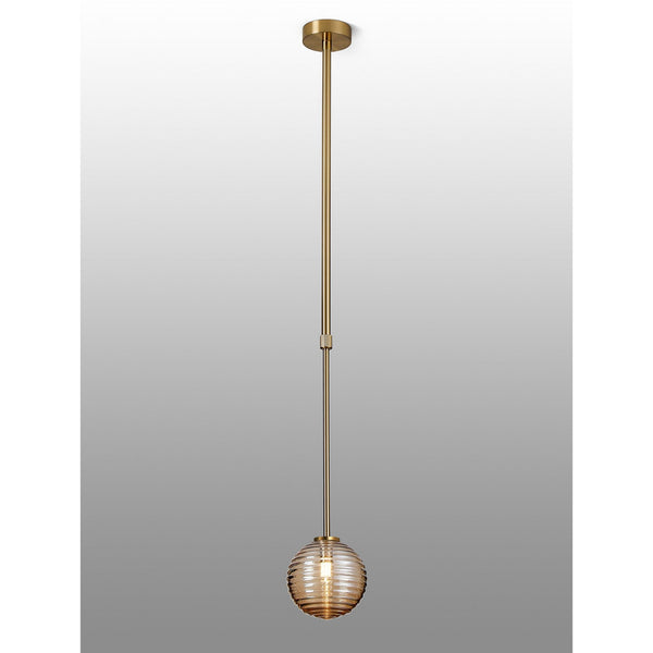 Tenterden Telescopic Single Drop Pendant in Brass Gold with Ribbed Round Amber Glass Diffuser