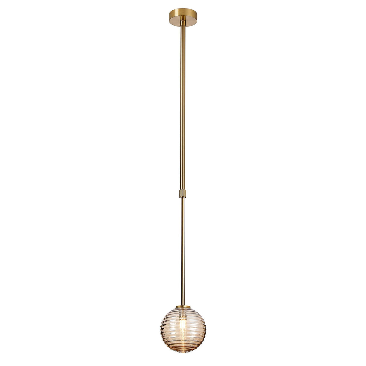 Tenterden Telescopic Single Drop Pendant in Brass Gold with Ribbed Round Amber Glass Diffuser