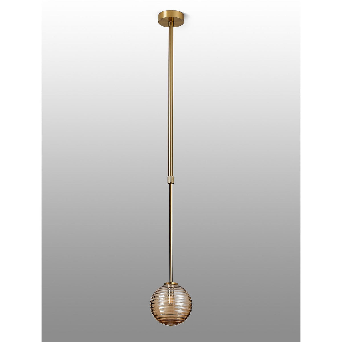 Tenterden Telescopic Single Drop Pendant in Brass Gold with Ribbed Round Amber Glass Diffuser