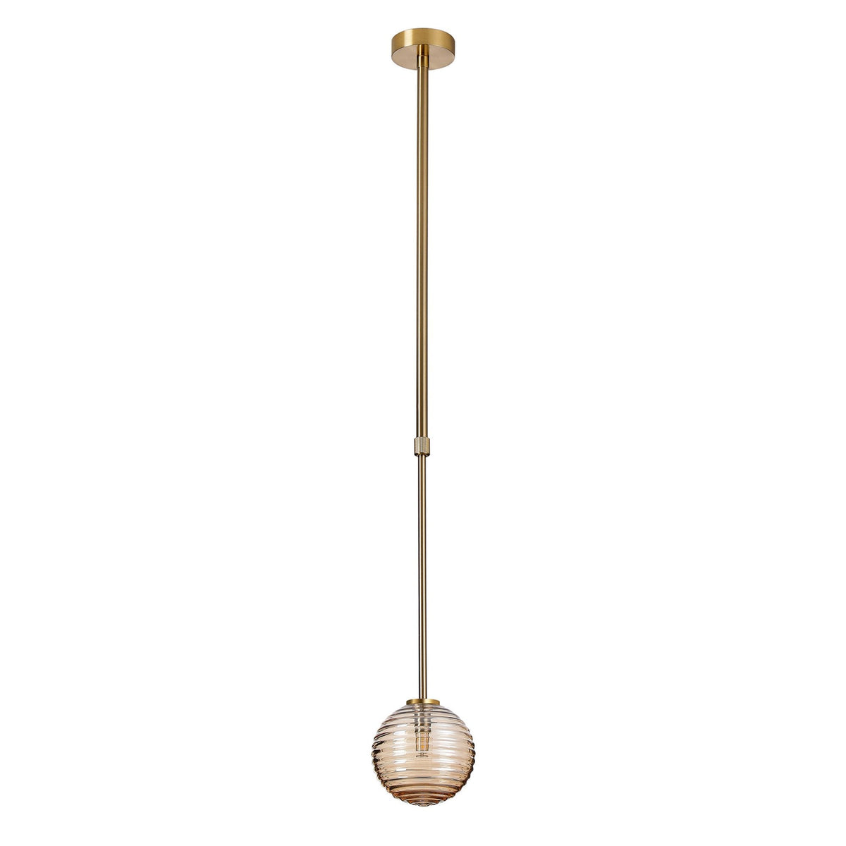 Tenterden Telescopic Single Drop Pendant in Brass Gold with Ribbed Round Amber Glass Diffuser