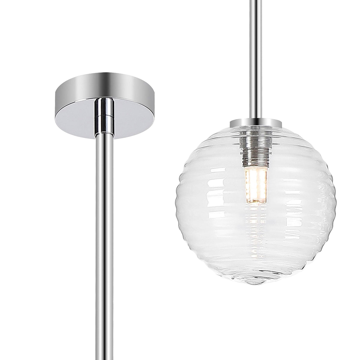 Tenterden Telescopic Single Drop Pendant in Chrome with Ribbed Round Clear Glass Diffuser