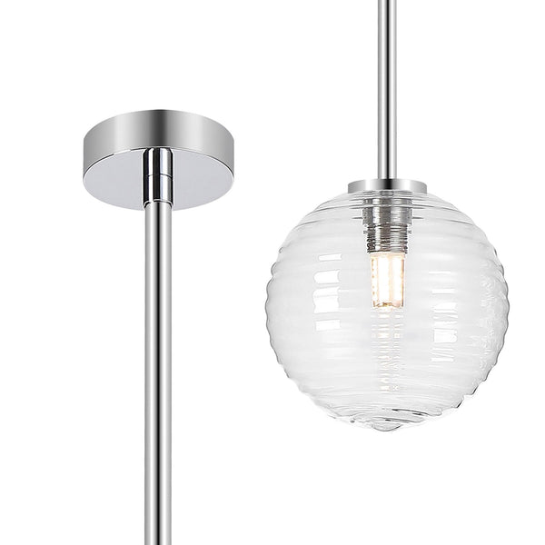 Tenterden Telescopic Single Drop Pendant in Chrome with Ribbed Round Clear Glass Diffuser