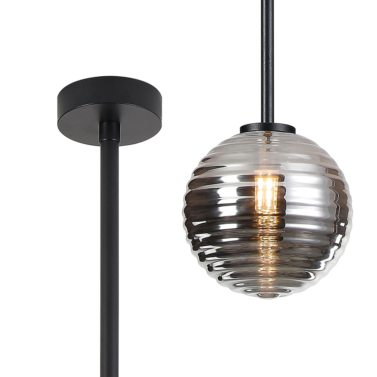 Tenterden Telescopic Single Drop Pendant in Satin Black with Ribbed Round Smoke Glass Diffuser