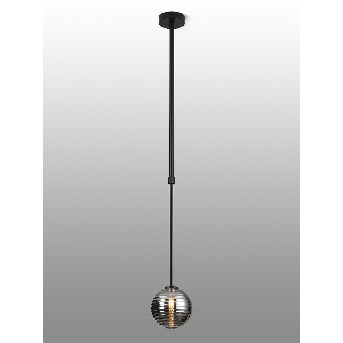 Tenterden Telescopic Single Drop Pendant in Satin Black with Ribbed Round Smoke Glass Diffuser