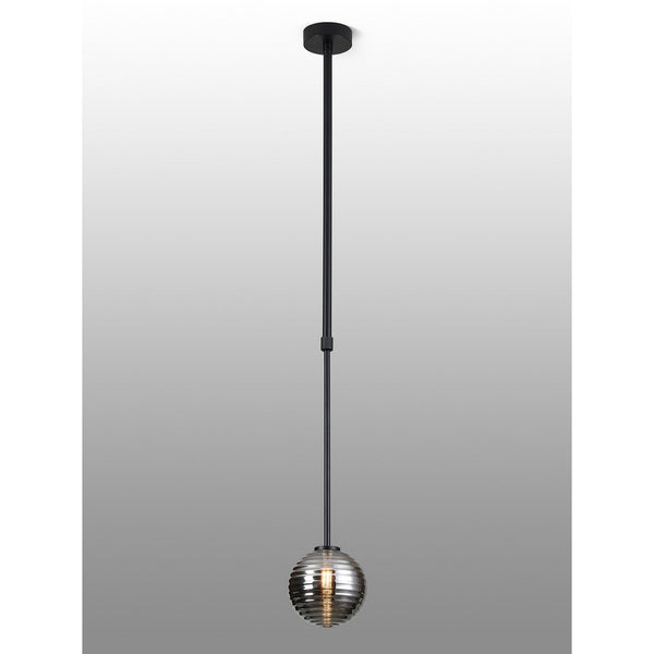 Tenterden Telescopic Single Drop Pendant in Satin Black with Ribbed Round Smoke Glass Diffuser