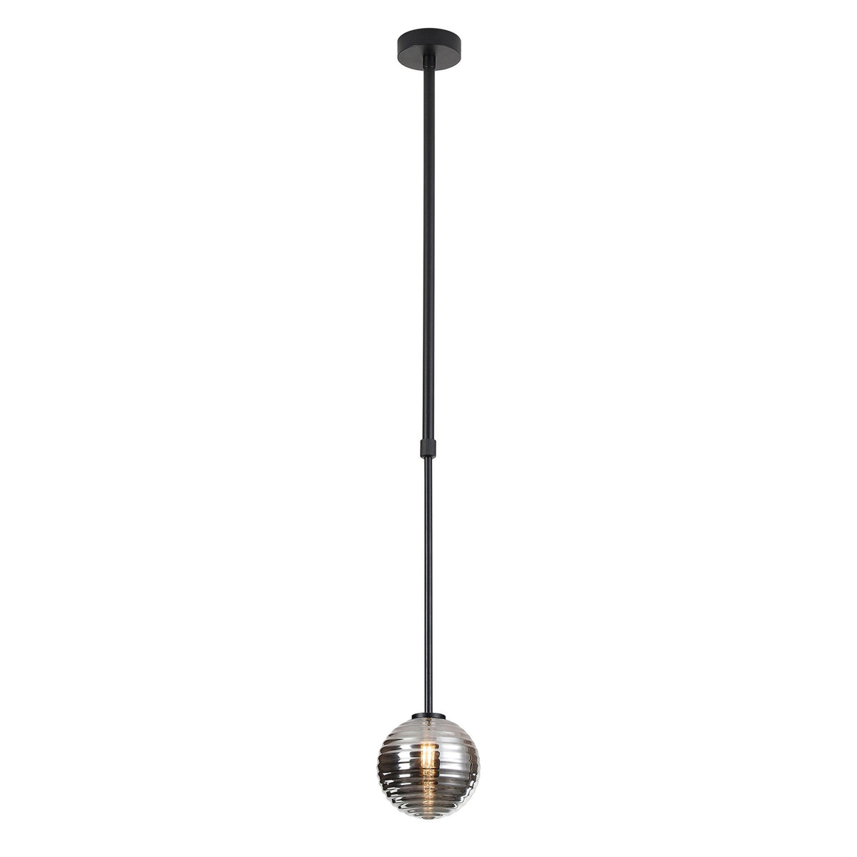 Tenterden Telescopic Single Drop Pendant in Satin Black with Ribbed Round Smoke Glass Diffuser