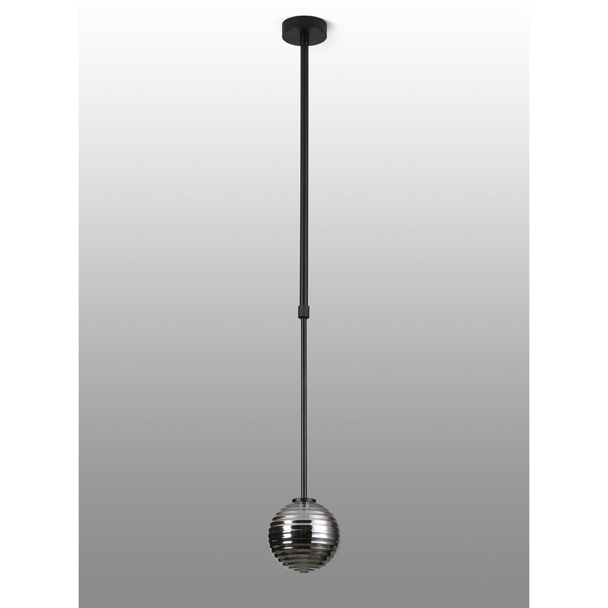 Tenterden Telescopic Single Drop Pendant in Satin Black with Ribbed Round Smoke Glass Diffuser