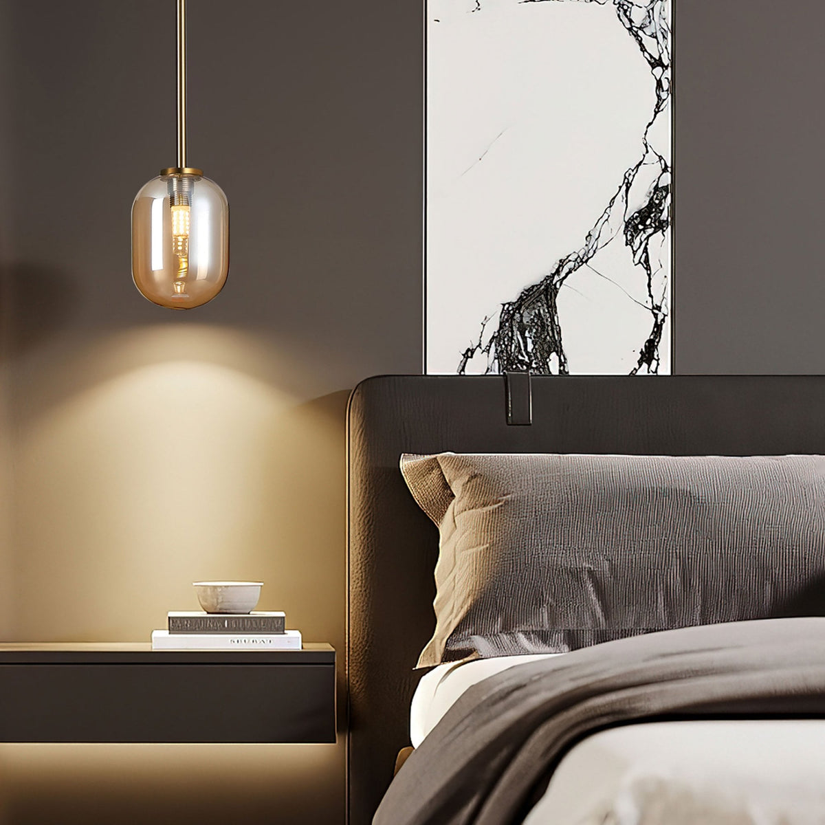 Tenterden Telescopic Single Drop Pendant in Brass Gold with Smooth Tubular Amber Glass Diffuser