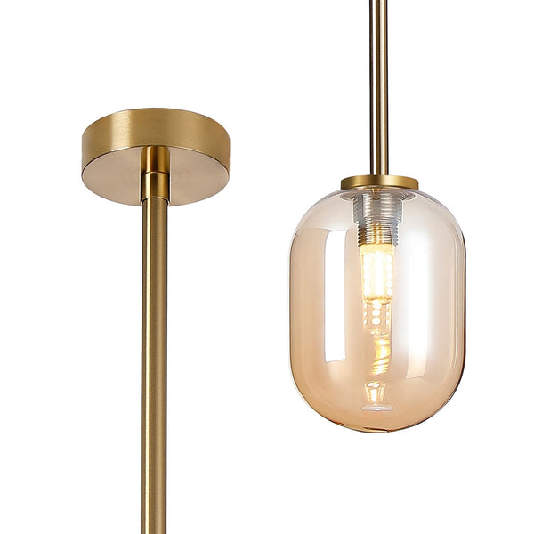Tenterden Telescopic Single Drop Pendant in Brass Gold with Smooth Tubular Amber Glass Diffuser