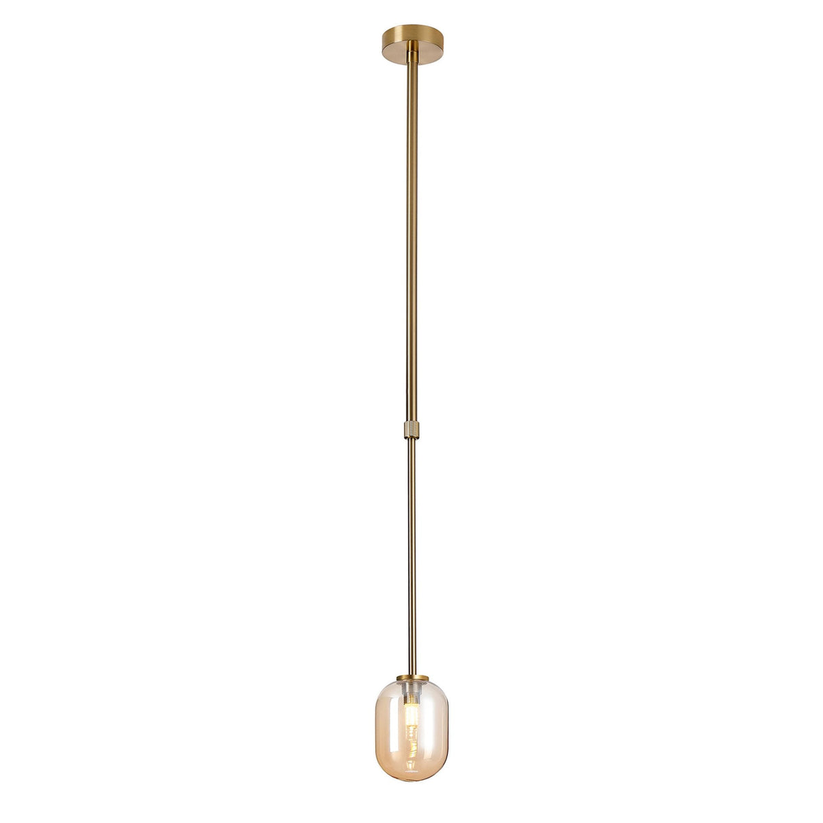 Tenterden Telescopic Single Drop Pendant in Brass Gold with Smooth Tubular Amber Glass Diffuser