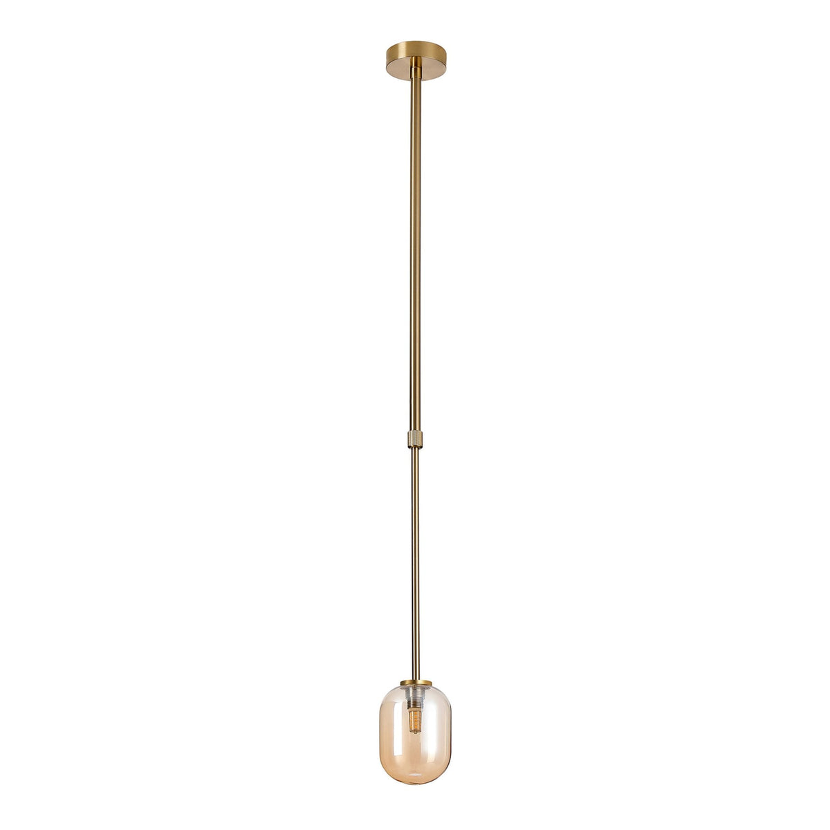 Tenterden Telescopic Single Drop Pendant in Brass Gold with Smooth Tubular Amber Glass Diffuser