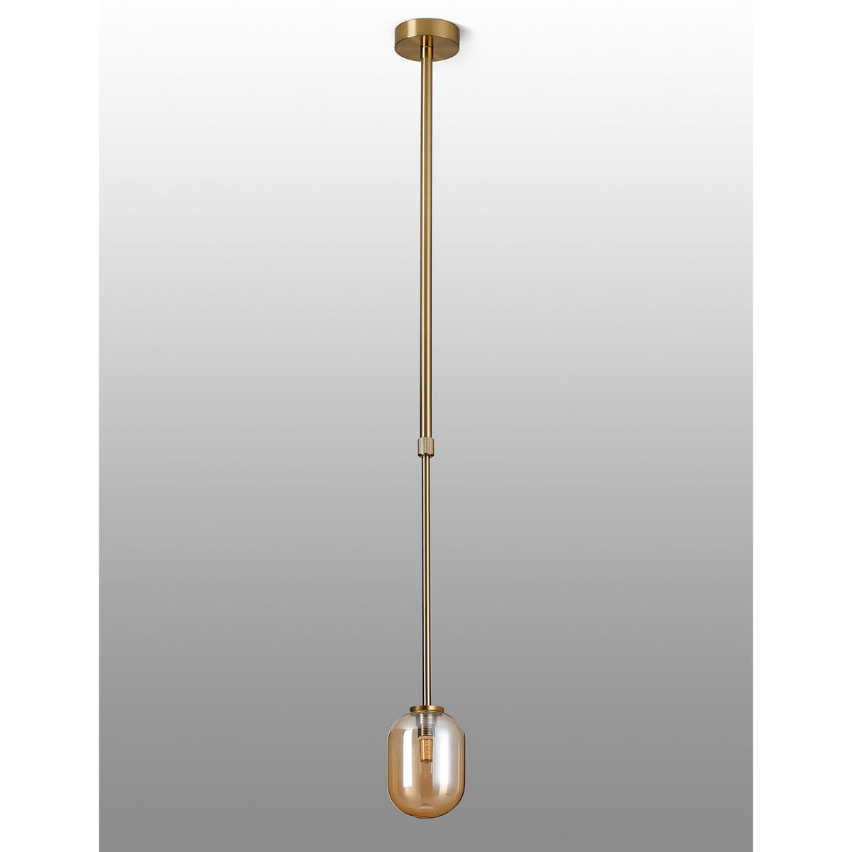 Tenterden Telescopic Single Drop Pendant in Brass Gold with Smooth Tubular Amber Glass Diffuser