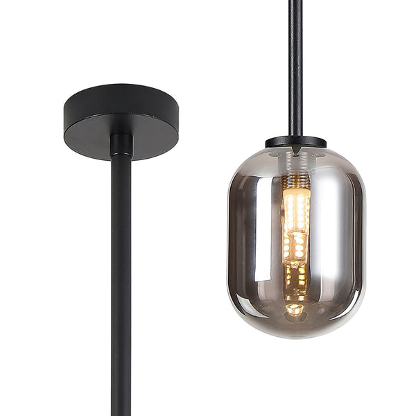 Tenterden Telescopic Single Drop Pendant in Satin Black with Smooth Tubular Smoke Glass Diffuser