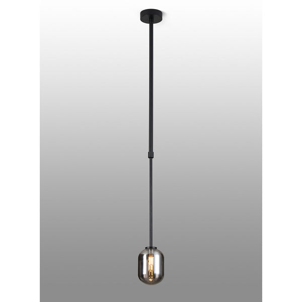 Tenterden Telescopic Single Drop Pendant in Satin Black with Smooth Tubular Smoke Glass Diffuser