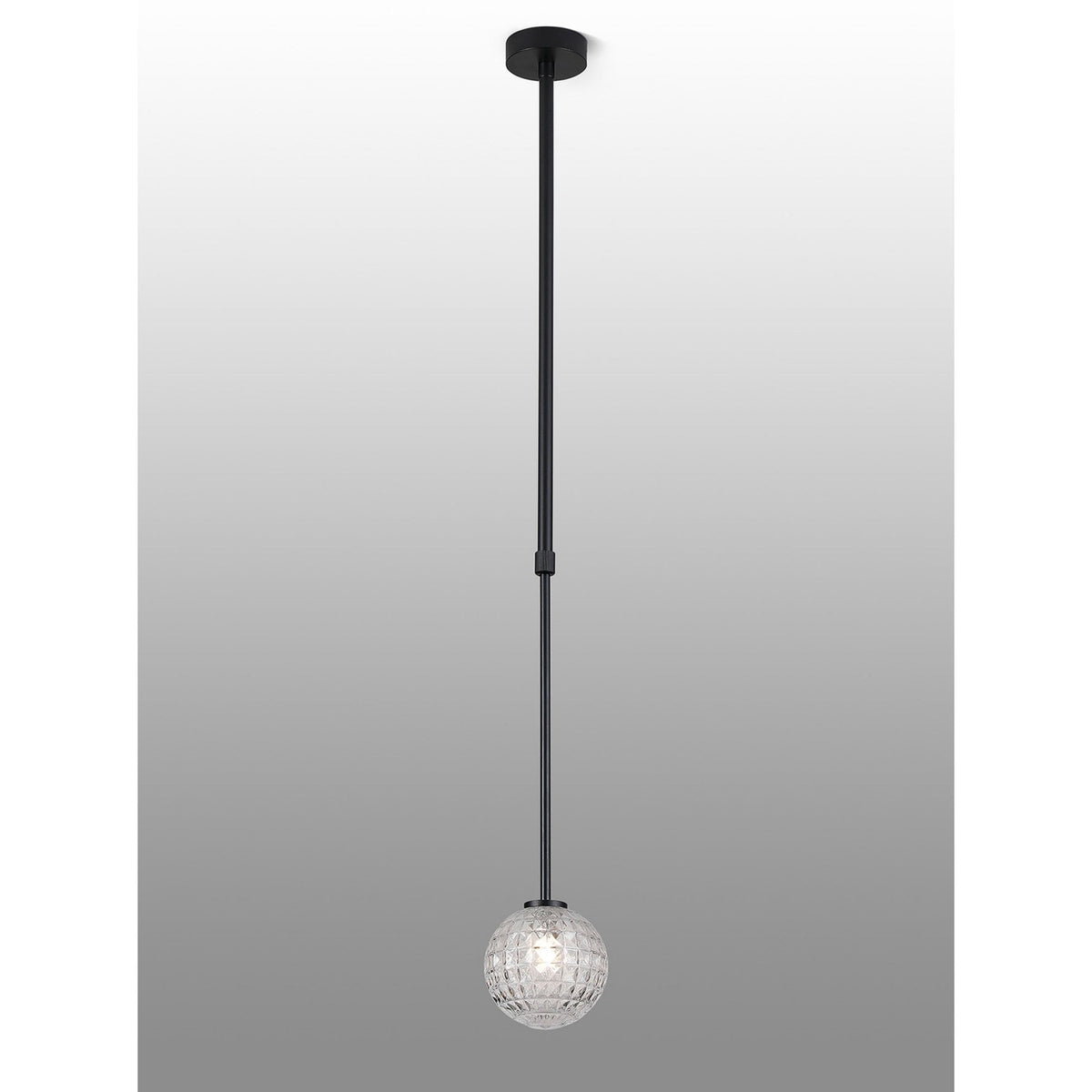 Black pendant light with a textured glass globe on a grey background.