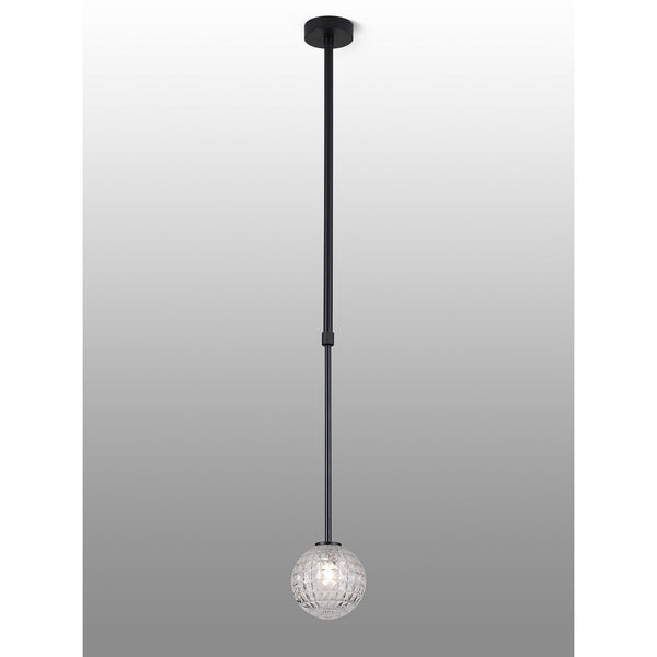Tenterden Telescopic Single Drop Pendant in Satin Black with Cross Pattern Round Clear Glass Diffuser