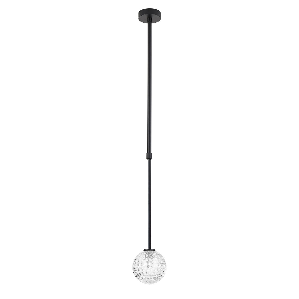 Black pendant light with a textured glass globe on a white background.