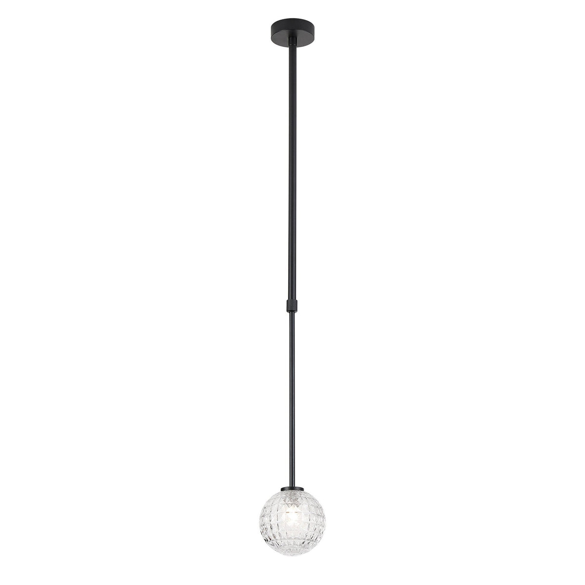 Black pendant light with a textured glass globe suspended against a white background.