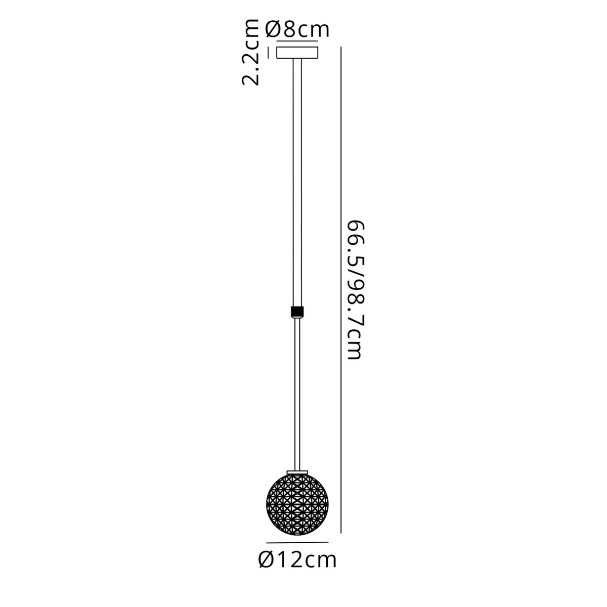 Technical drawing of a pendant light showing its dimensions in centimetres.