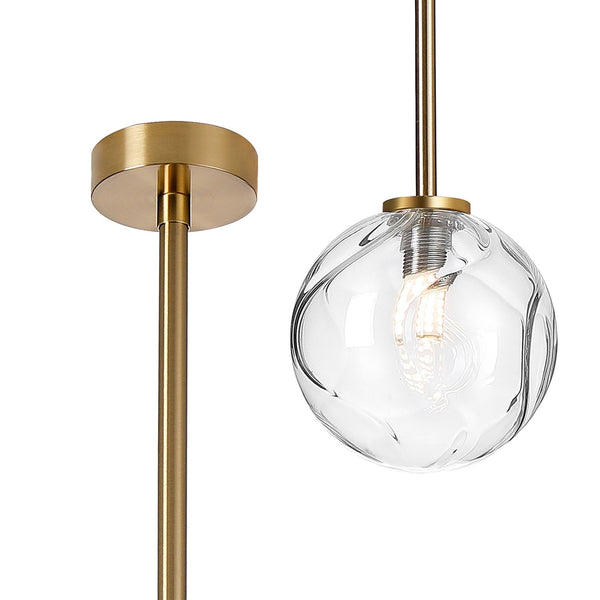 Tenterden Telescopic Single Drop Pendant in Brass Gold with Waved Round Clear Glass Diffuser