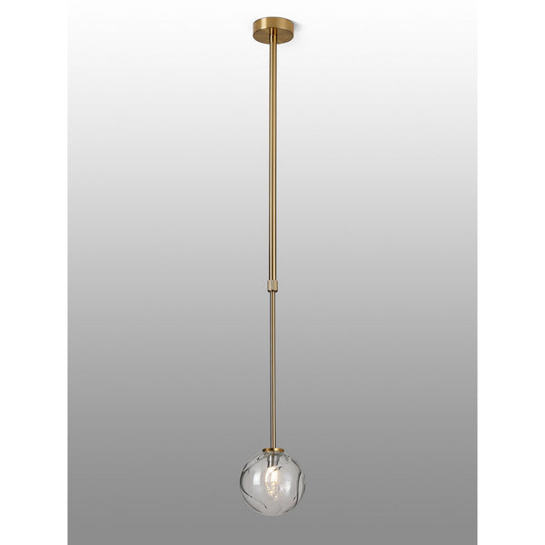 Tenterden Telescopic Single Drop Pendant in Brass Gold with Waved Round Clear Glass Diffuser