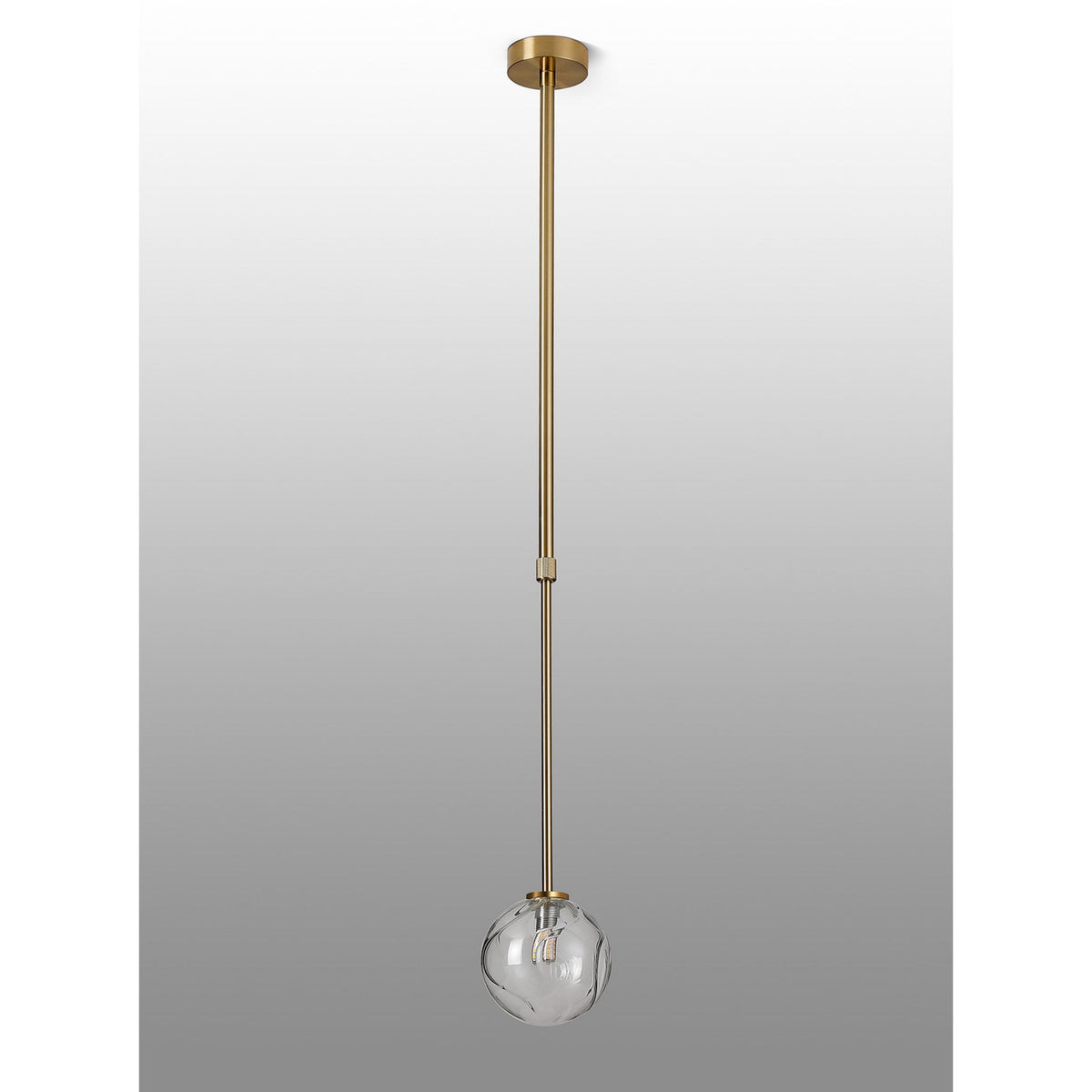 Tenterden Telescopic Single Drop Pendant in Brass Gold with Waved Round Clear Glass Diffuser