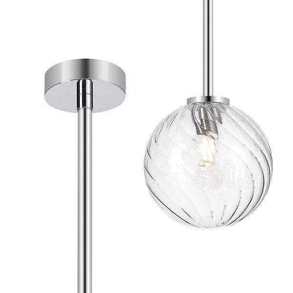 Tenterden Telescopic Single Drop Pendant in Chrome with Swirl Round Clear Glass Diffuser