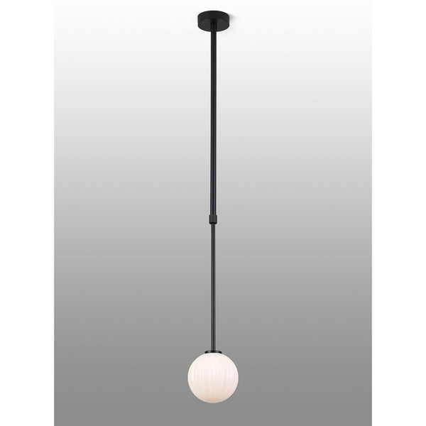 Tenterden Telescopic Single Drop Pendant in Satin Black with Segment Round Opal Glass Diffuser