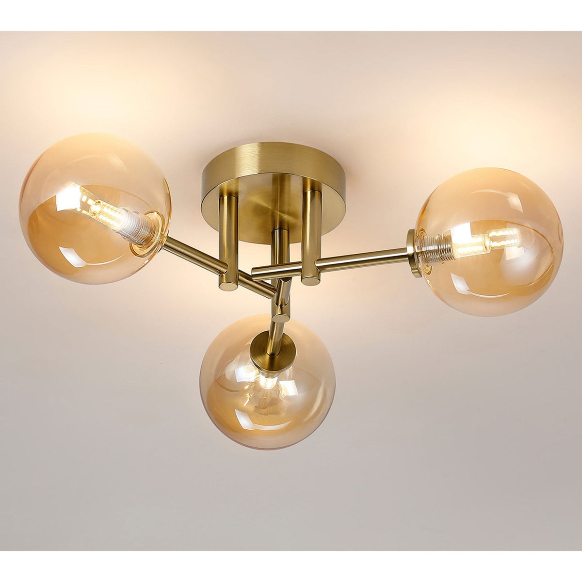 Tenterden Round 3 Light Semi Flush Ceiling Light in Brass Gold with Smooth Round Amber Glass Diffusers