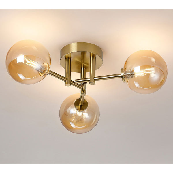 Tenterden Round 3 Light Semi Flush Ceiling Light in Brass Gold with Smooth Round Amber Glass Diffusers