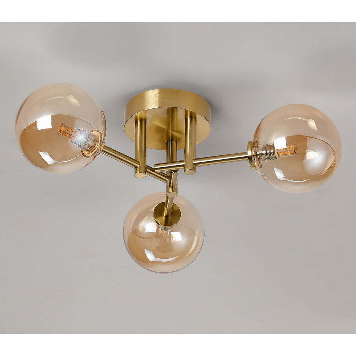 Tenterden Round 3 Light Semi Flush Ceiling Light in Brass Gold with Smooth Round Amber Glass Diffusers