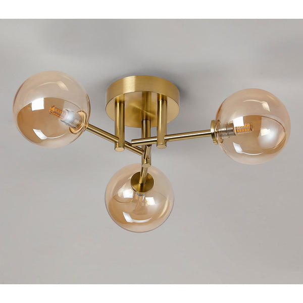 Tenterden Round 3 Light Semi Flush Ceiling Light in Brass Gold with Smooth Round Amber Glass Diffusers