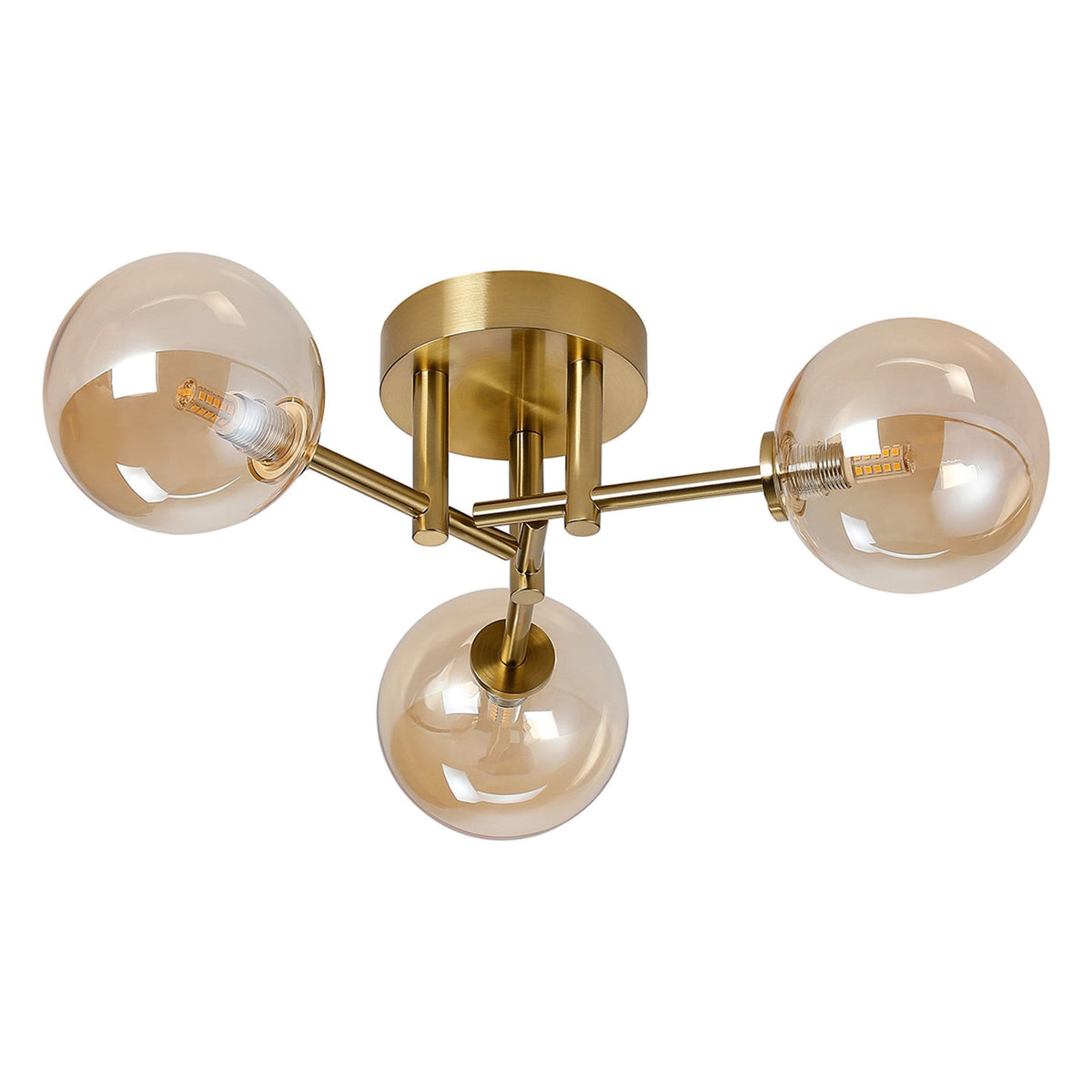 Tenterden Round 3 Light Semi Flush Ceiling Light in Brass Gold with Smooth Round Amber Glass Diffusers