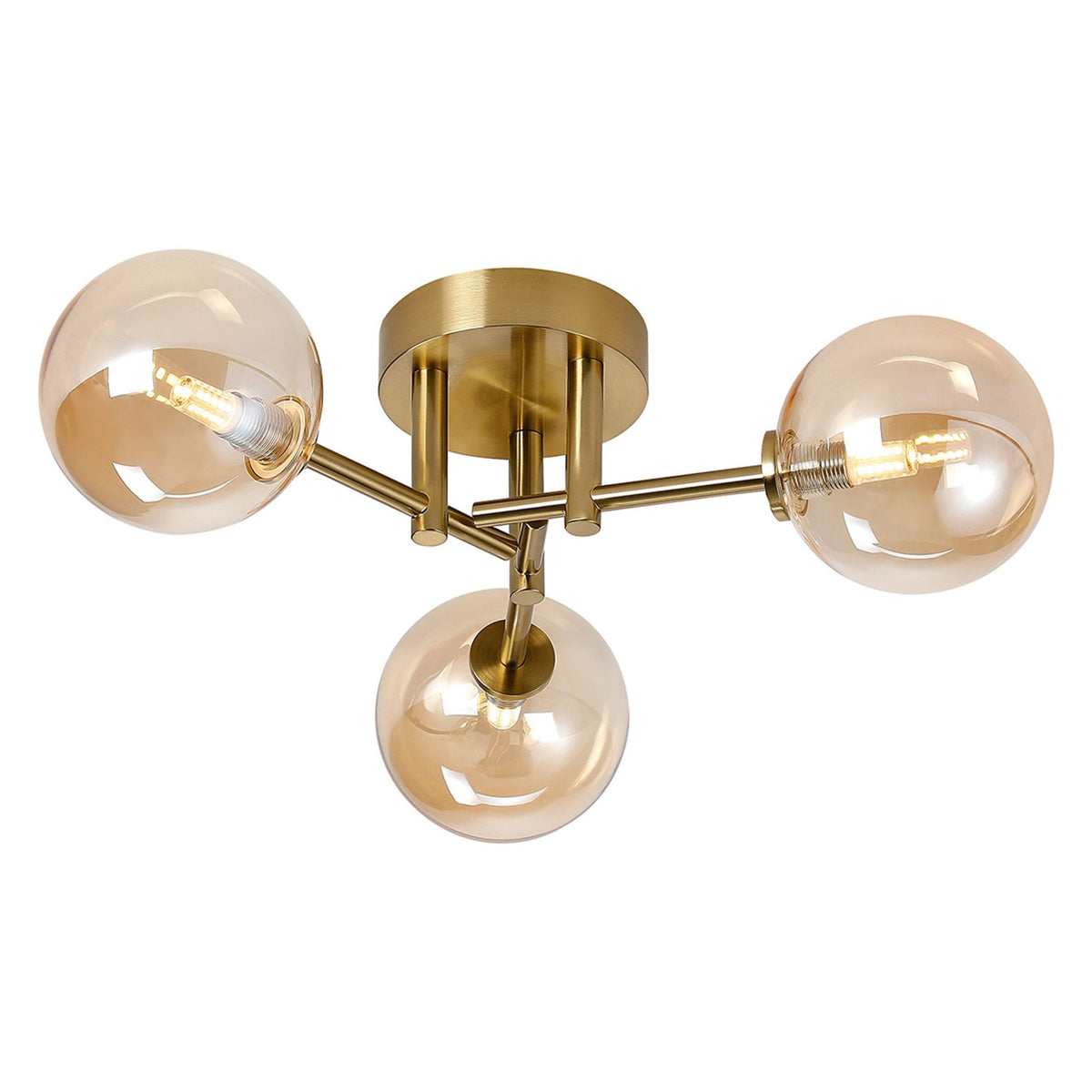 Tenterden Round 3 Light Semi Flush Ceiling Light in Brass Gold with Smooth Round Amber Glass Diffusers