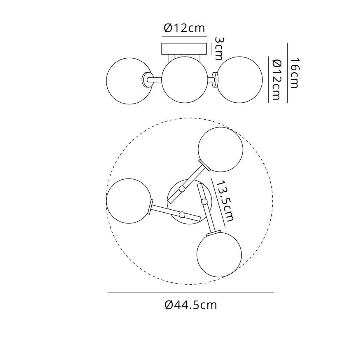 Technical drawing of the ceiling light showing dimensions, including diameter and height.