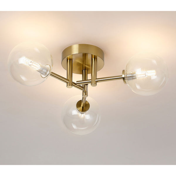 Tenterden Round 3 Light Semi Flush Ceiling Light in Brass Gold with Smooth Round Clear Glass Diffusers