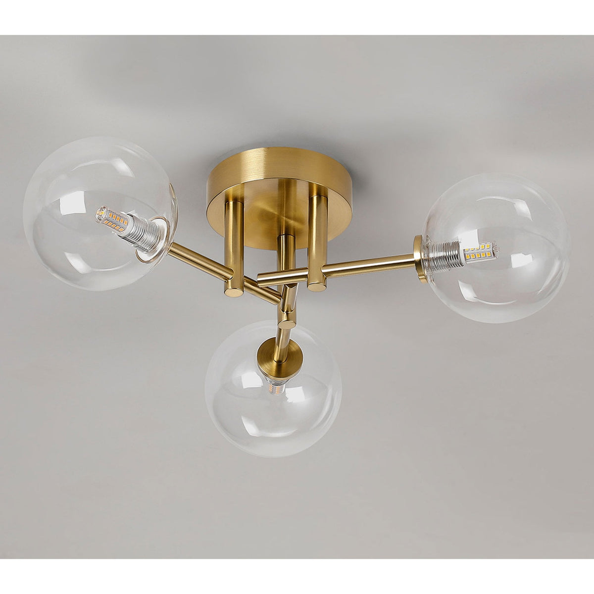 Tenterden Round 3 Light Semi Flush Ceiling Light in Brass Gold with Smooth Round Clear Glass Diffusers