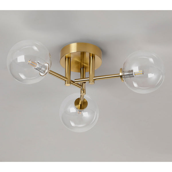 Tenterden Round 3 Light Semi Flush Ceiling Light in Brass Gold with Smooth Round Clear Glass Diffusers