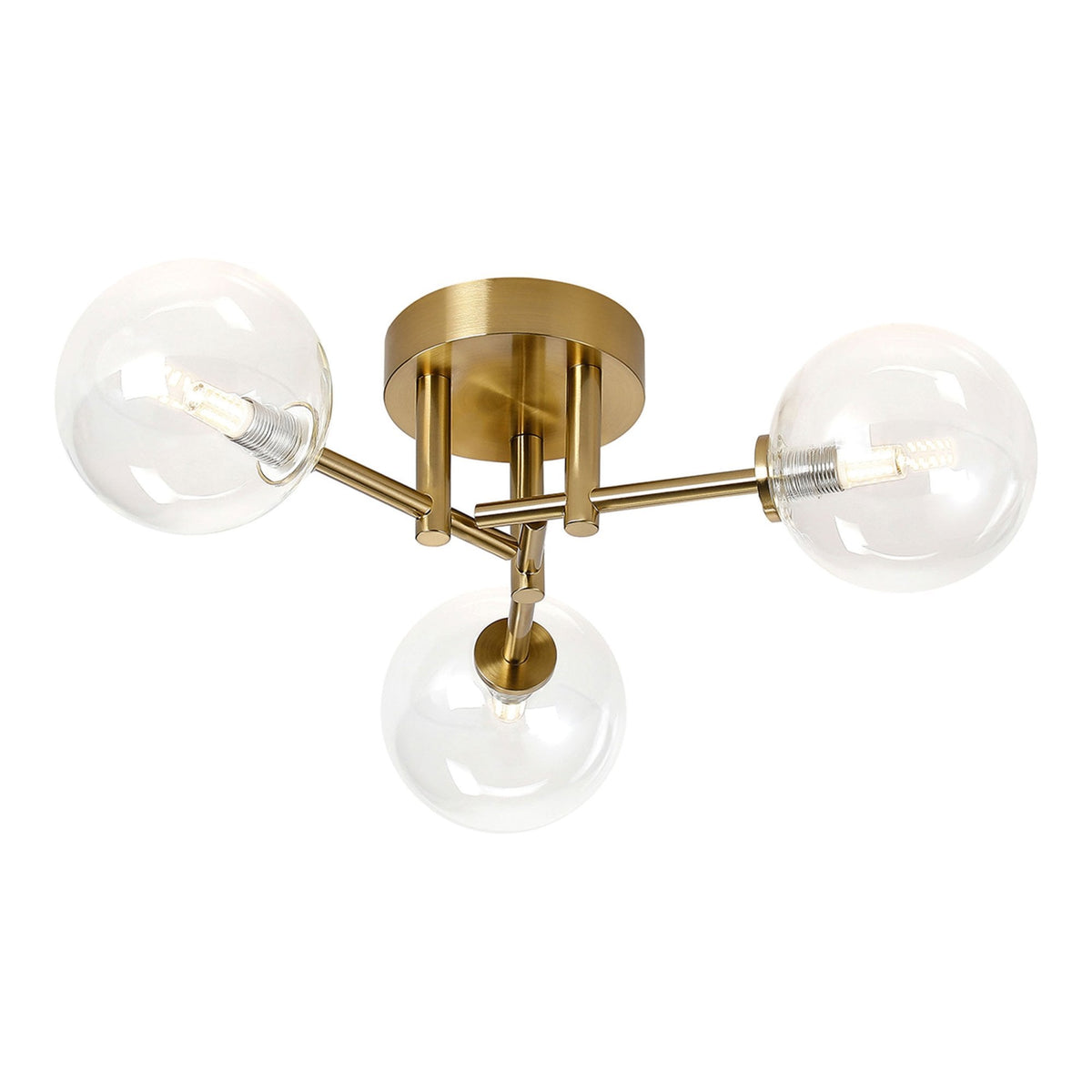 Tenterden Round 3 Light Semi Flush Ceiling Light in Brass Gold with Smooth Round Clear Glass Diffusers