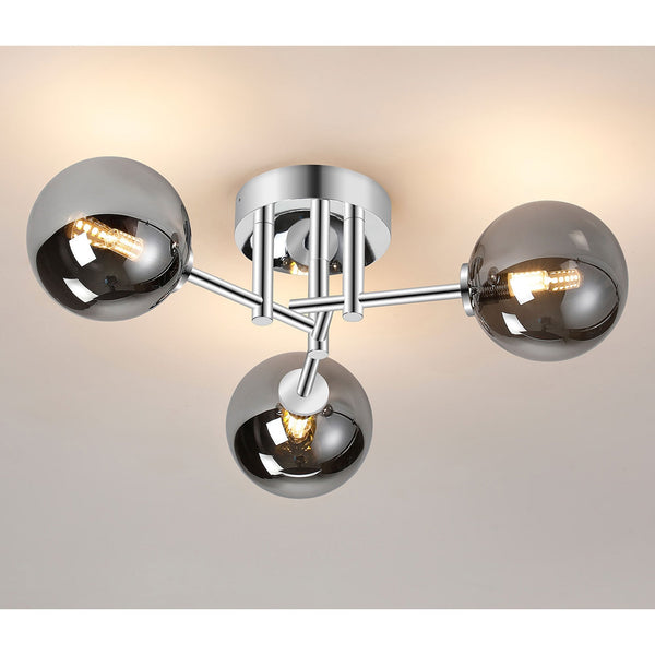 Tenterden Round 3 Light Semi Flush Ceiling Light in Chrome with Smooth Round Smoke Glass Diffusers