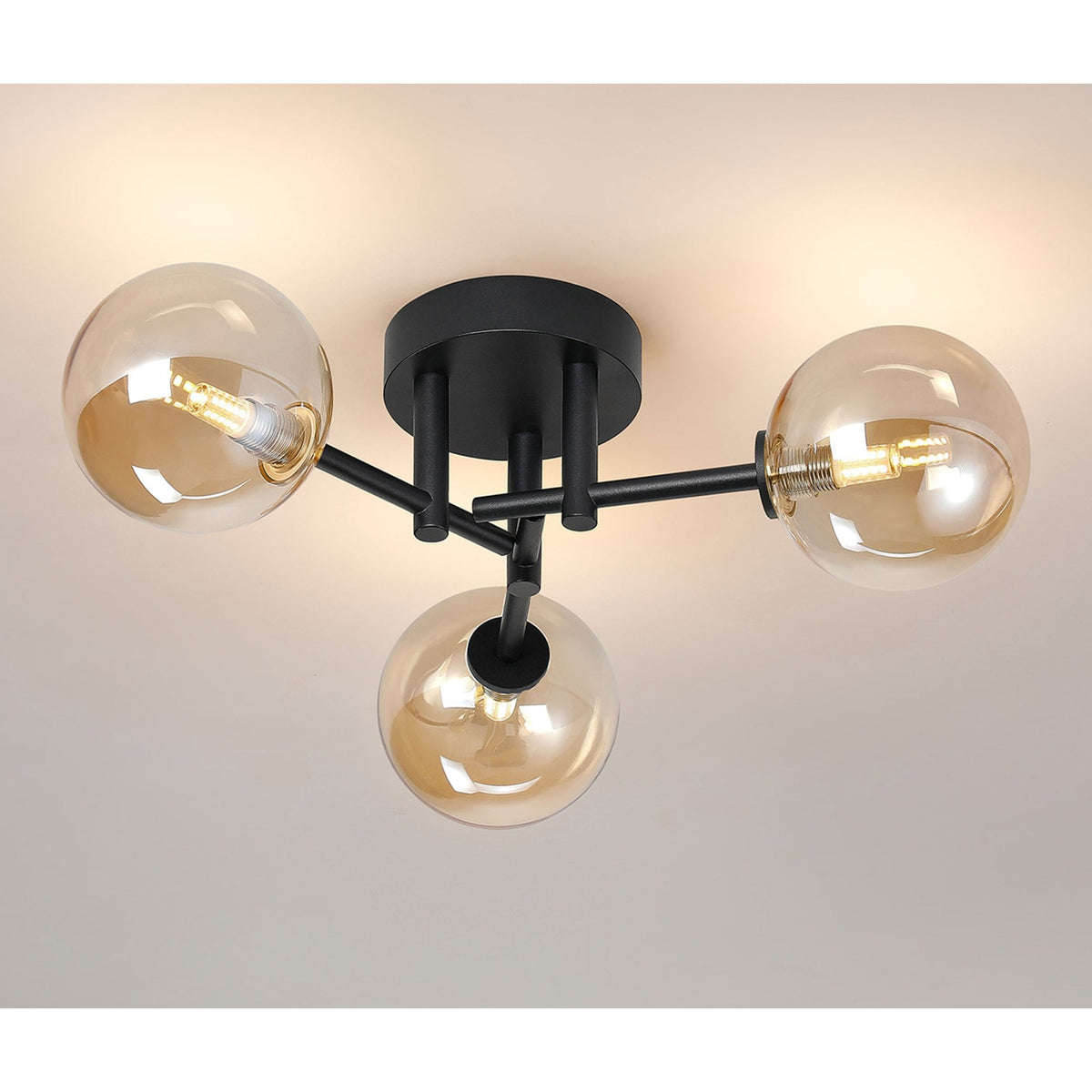 Tenterden Round 3 Light Semi Flush Ceiling Light in Satin Black with Smooth Round Amber Glass Diffusers
