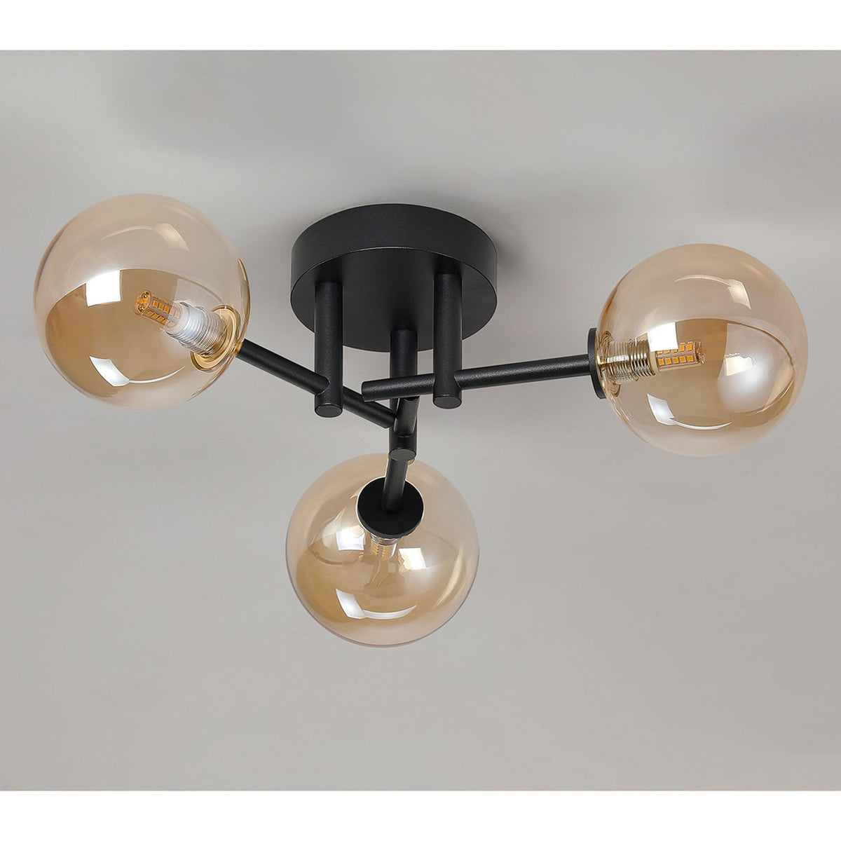 Tenterden Round 3 Light Semi Flush Ceiling Light in Satin Black with Smooth Round Amber Glass Diffusers