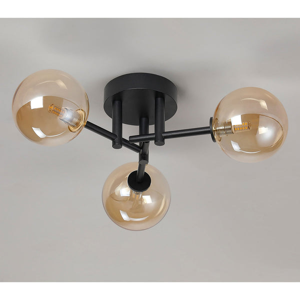 Tenterden Round 3 Light Semi Flush Ceiling Light in Satin Black with Smooth Round Amber Glass Diffusers