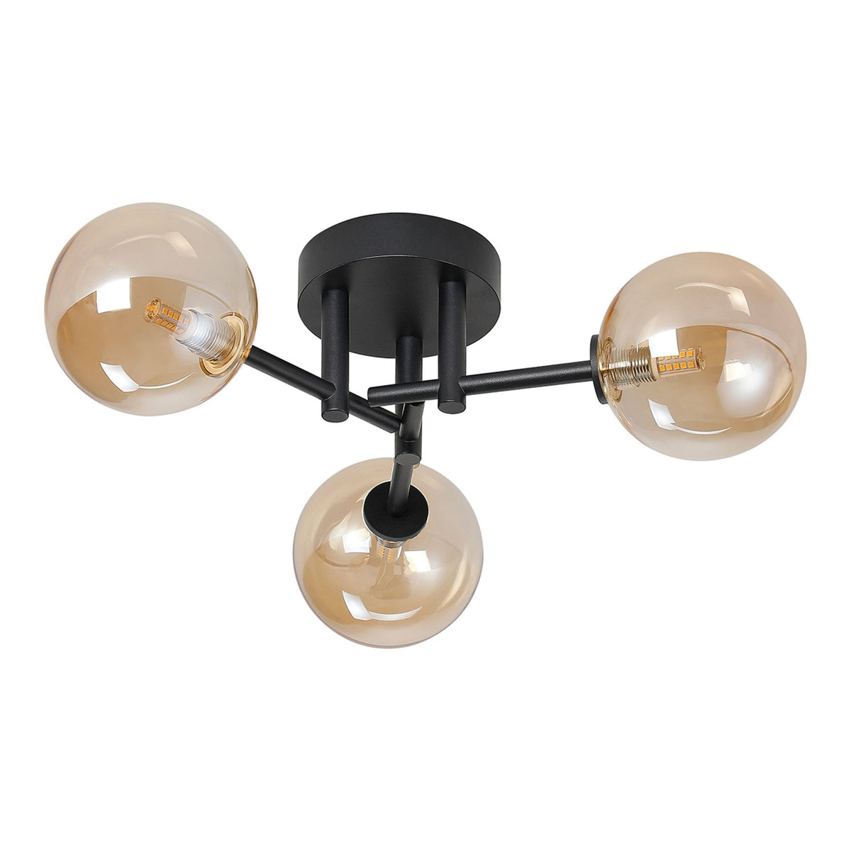 Tenterden Round 3 Light Semi Flush Ceiling Light in Satin Black with Smooth Round Amber Glass Diffusers