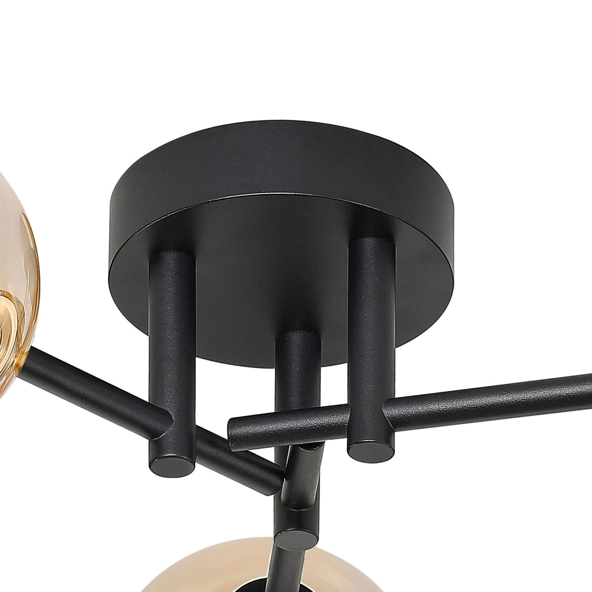 Tenterden Round 3 Light Semi Flush Ceiling Light in Satin Black with Smooth Round Amber Glass Diffusers