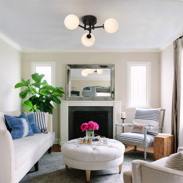 Tenterden Round 3 Light Semi Flush Ceiling Light in Satin Black with Smooth Round Opal Glass Diffusers