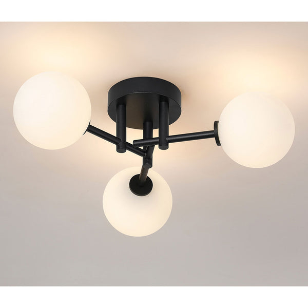 Tenterden Round 3 Light Semi Flush Ceiling Light in Satin Black with Smooth Round Opal Glass Diffusers