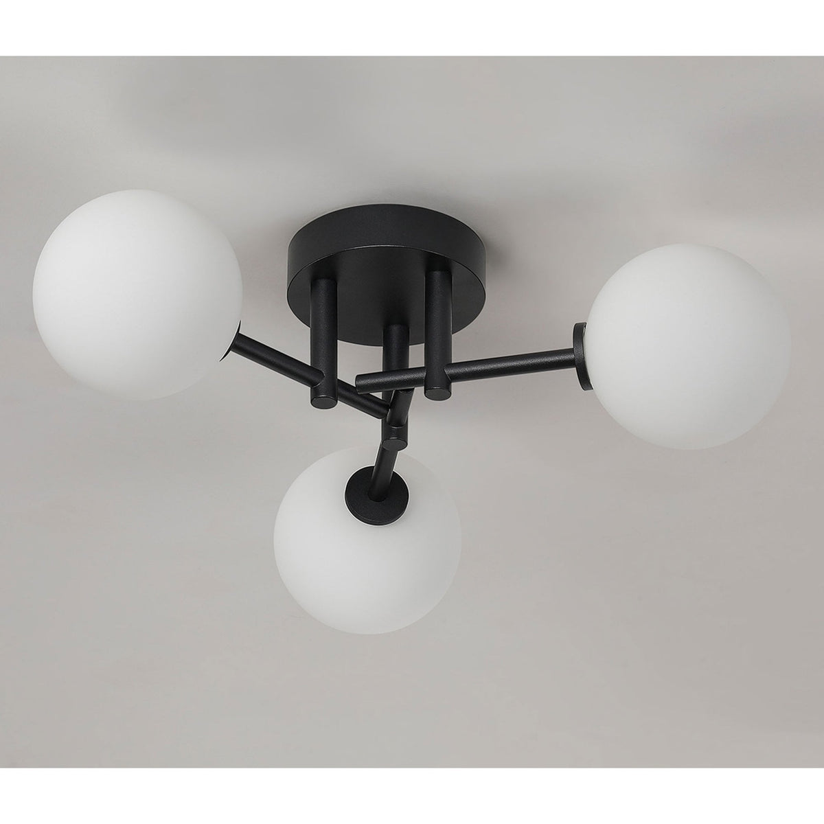 Tenterden Round 3 Light Semi Flush Ceiling Light in Satin Black with Smooth Round Opal Glass Diffusers