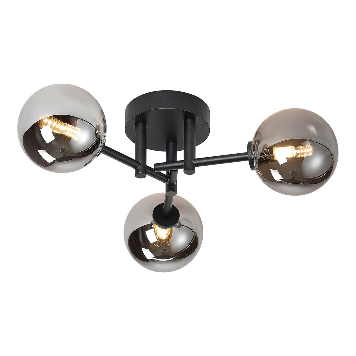A modern three-sphere ceiling light with smoked glass shades and a black frame, unlit.